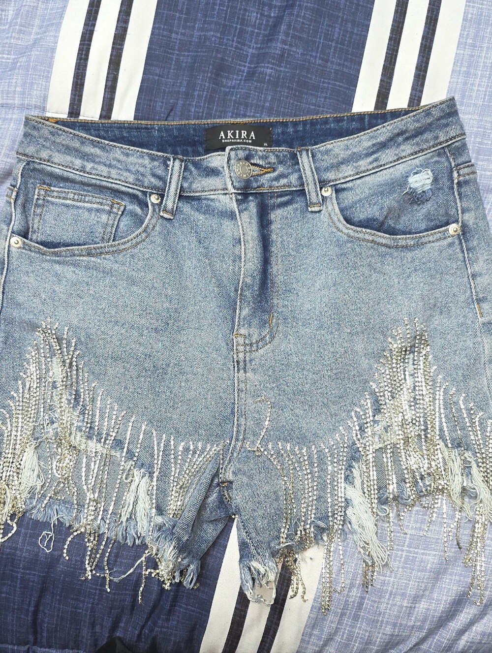AKIRA Blue Distressed Jean Shorts with Rhinestone Fringe - Picture 3 of 4